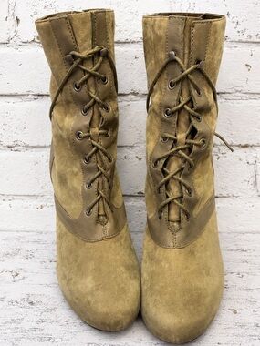 Boho Festival Olive Suede Lace Up Hidden Wedge Military Ankle Boots Women’s 9.5